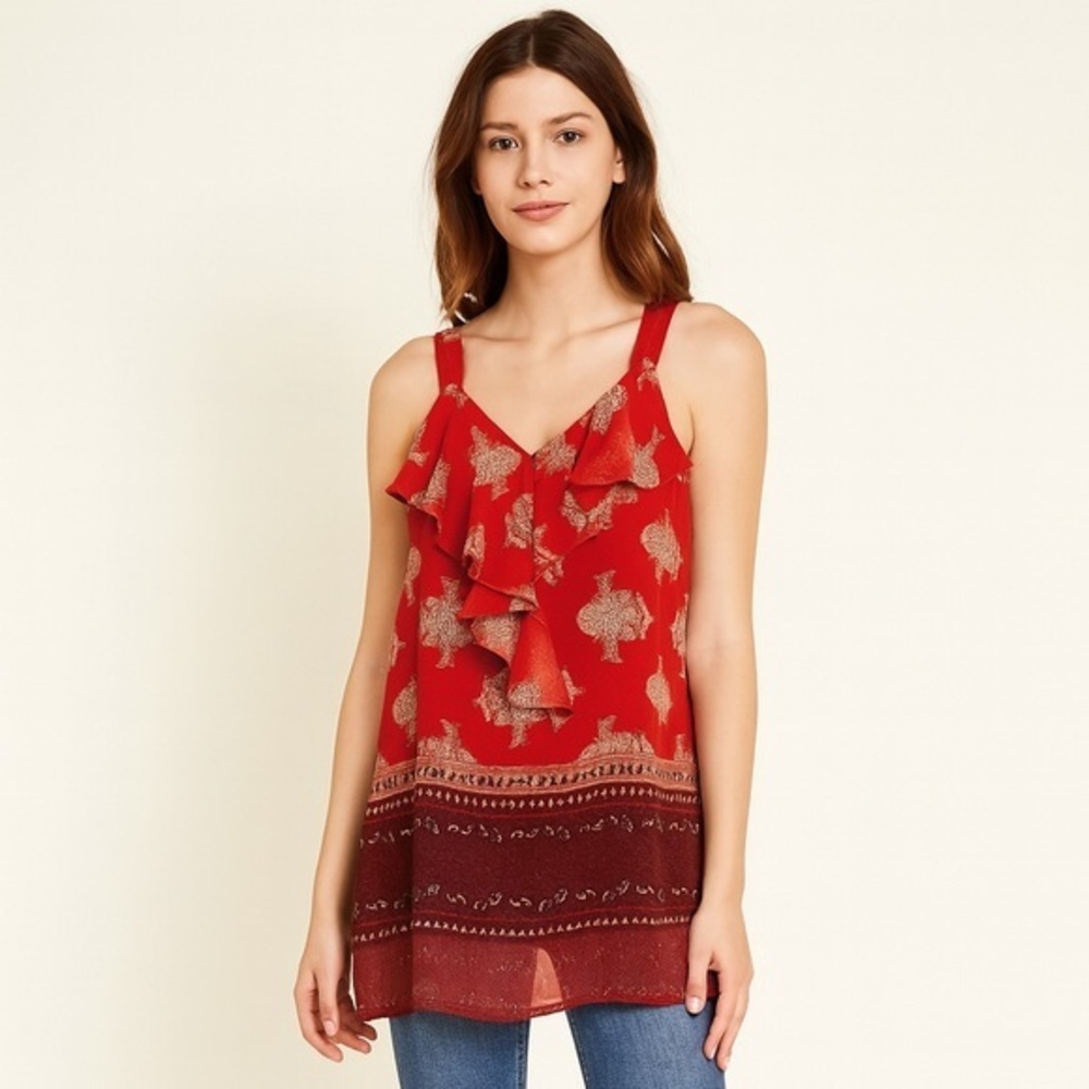 Kut From The Kloth Women's Red Sheer Surplice Racerback Ruffle Top NWT S #1984